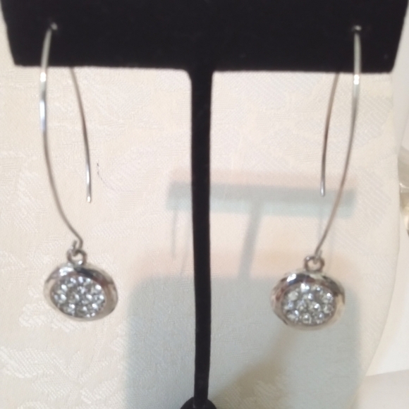 Fashion Earrings 2.5" Dangle Silver Tone Round Disk With Crystals/Rhinestones - Picture 4 of 5